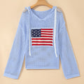 Beau Blue Hollow Out Crochet Knit American Flag Patched Sweater Hoodie - Damesmode Afbeelding 3 - Foto 3