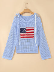 Beau Blue Hollow Out Uncinetto, maglione a maglia con la bandiera americana rattoppata - Damesmode Afbeelding 3 - Miniatuur