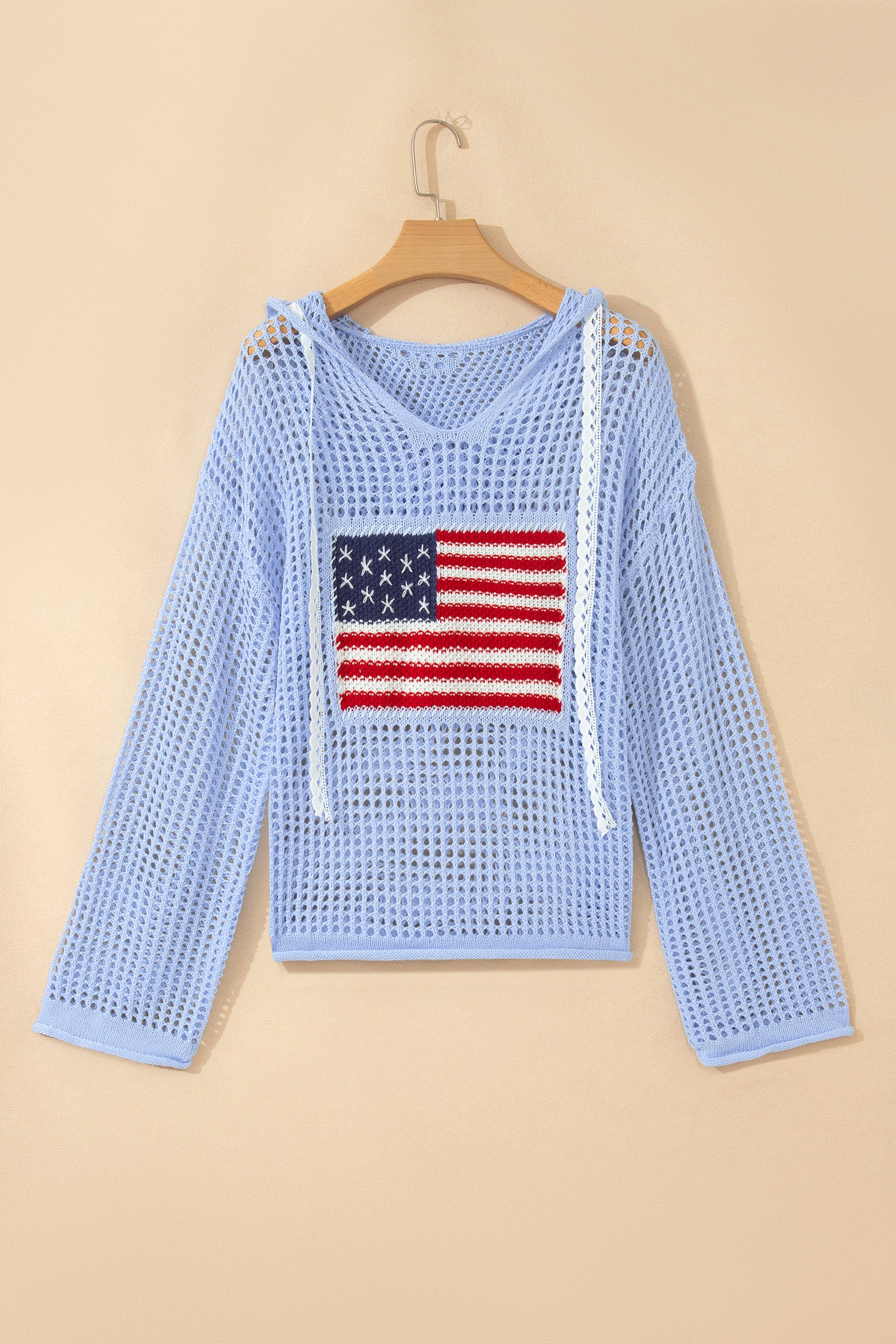 Beau Blue Hollow Out Crochet Knit American Flag Patched Sweater Hoodie - Damesmode Afbeelding 3