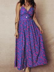 Robe maxi à motif fleural bleu torsadé en V et dos nus - Damesmode Afbeelding 4 - Miniatuur