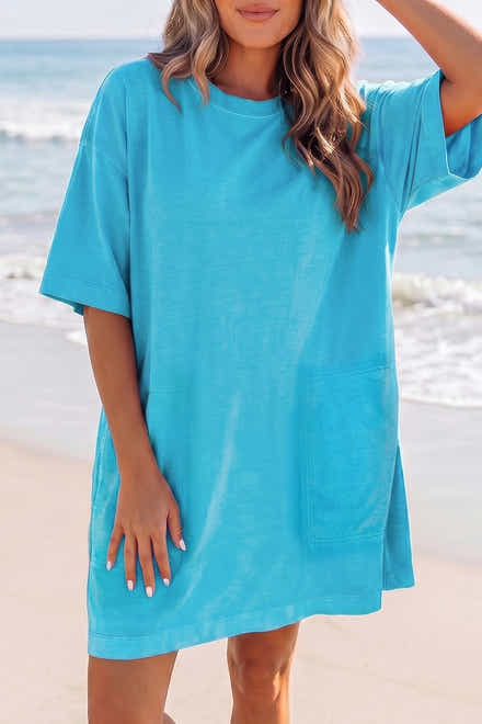 Mini-robe décontractée bleu clair à épaules tombantes, large