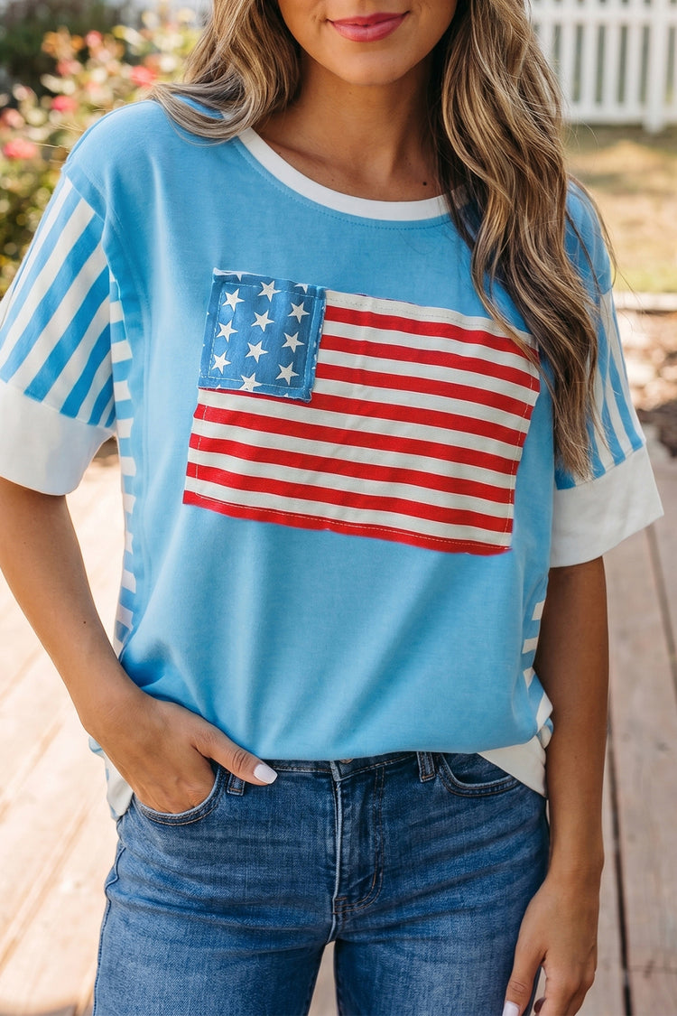 Light Blue Flag Print Patchwork Colorblock July 4th T Shirt - Damesmode