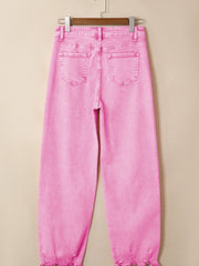 Pink Acid Wash High Waist Uneven Raw Hem Shift Jeans - Miniatuur