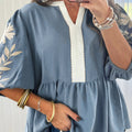 Smoke Green Color Block Patchwork V Neck Embroidered Puff Sleeve Babydoll Blouse - Foto 4