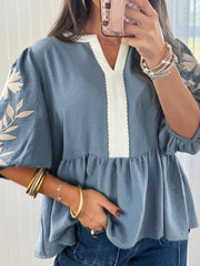 Smoke Green Color Block Patchwork V Neck Embroidered Puff Sleeve Babydoll Blouse - Miniatuur