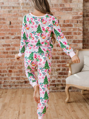 Jersey con botón y cuello en V con patrón navideño rosa Conjunto de sofá de 2 piezas - Miniatuur