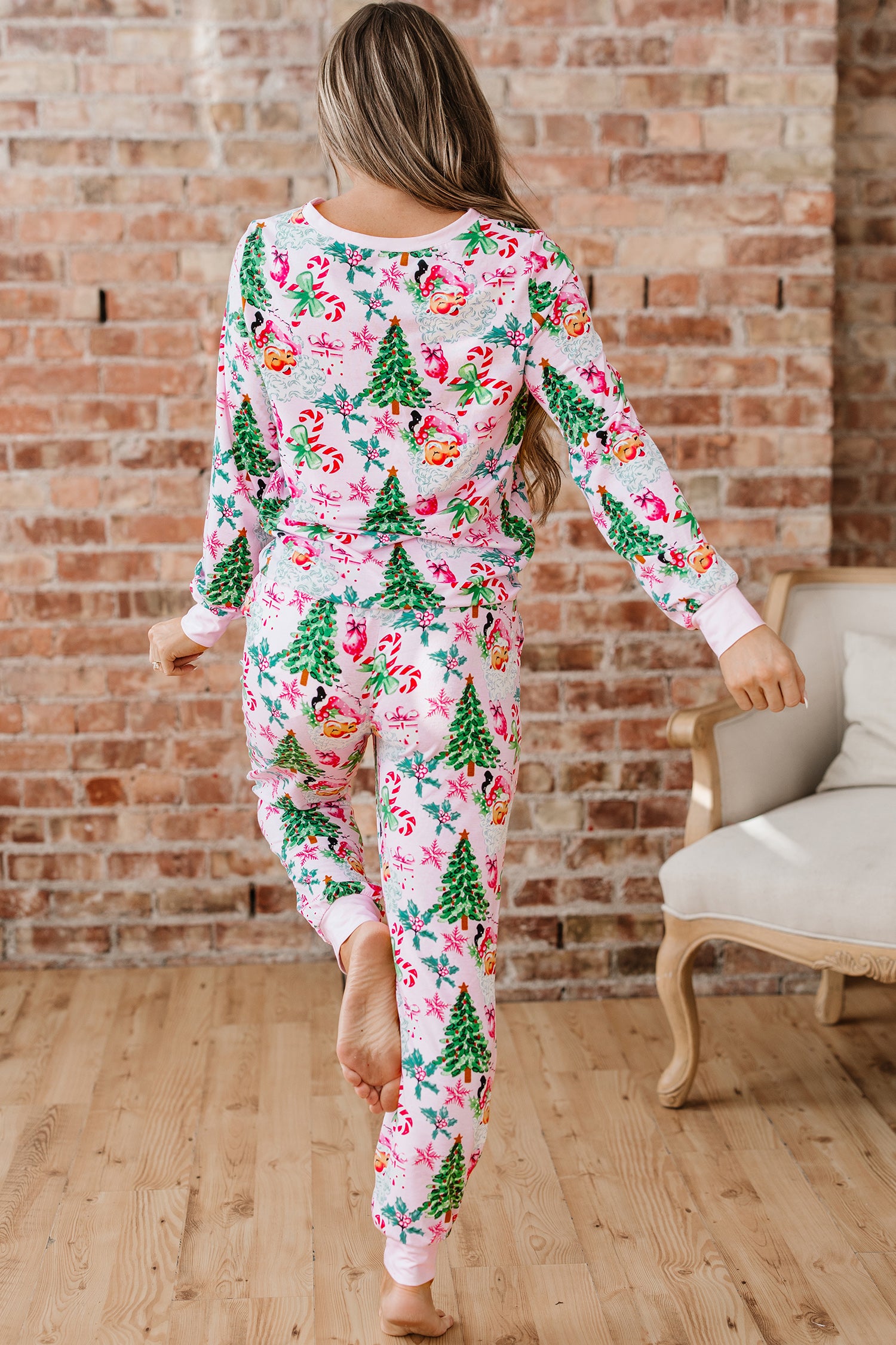 Rosa Weihnachtsmuster Knopf-V-Ausschnitt-Pullover mit Kordelzughose 2-teiliges Lounge-Set