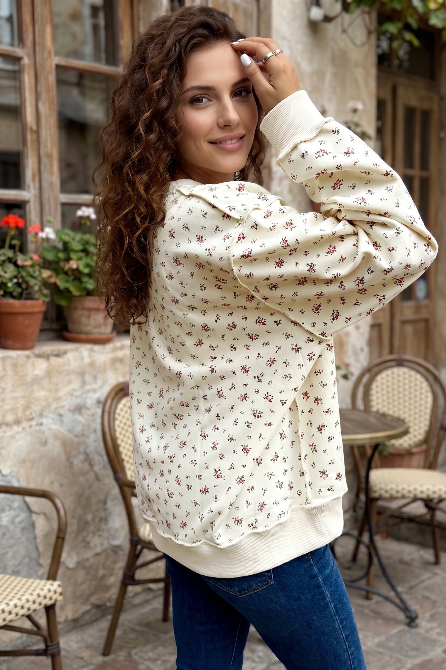 Beige Ribbed High Neck Patchwork Floral Print Baggy Pullover Sweatshirt - Damesmode Afbeelding 2