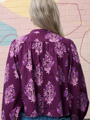 Purple Floral Print Button Front Long Puff Sleeve Shirt - Miniatuur