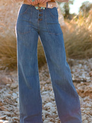 Jeans Ashleigh Blue à plusieurs boutons, taille haute et jambe large, avec poches - Damesmode Afbeelding 1 - Miniatuur