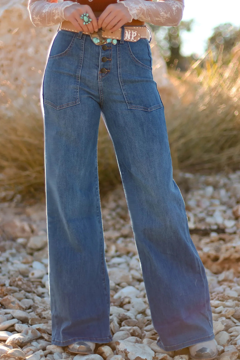 Ashleigh Blue Multi Buttons High Waist Wide Leg Jeans With Pockets - Damesmode Afbeelding 1
