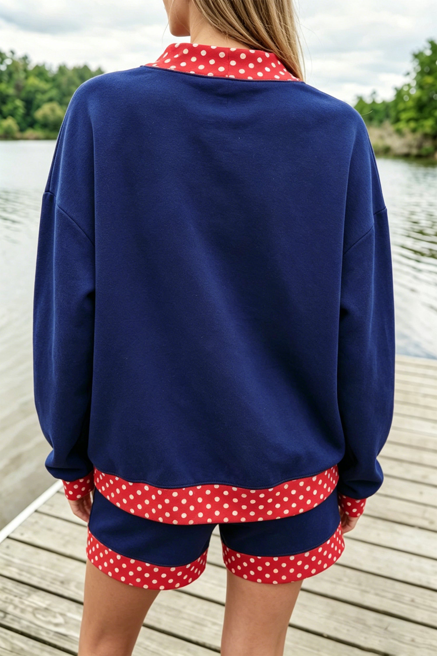 Marineblauer Polka Dot Trim Baggy Pullover 2 Stück Short Set