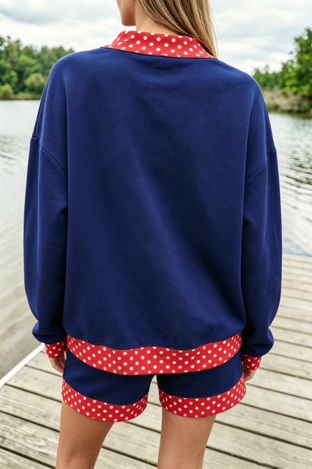 Navy Blauw Polka Dot Trim Tasgy Pullover 2pcs Short Set - Detail