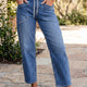 Ashleigh Blauw met Trekkoord Waist Ankle Length Casual Jeans Regular Fit Zakken Detail Spijkerstof Broek