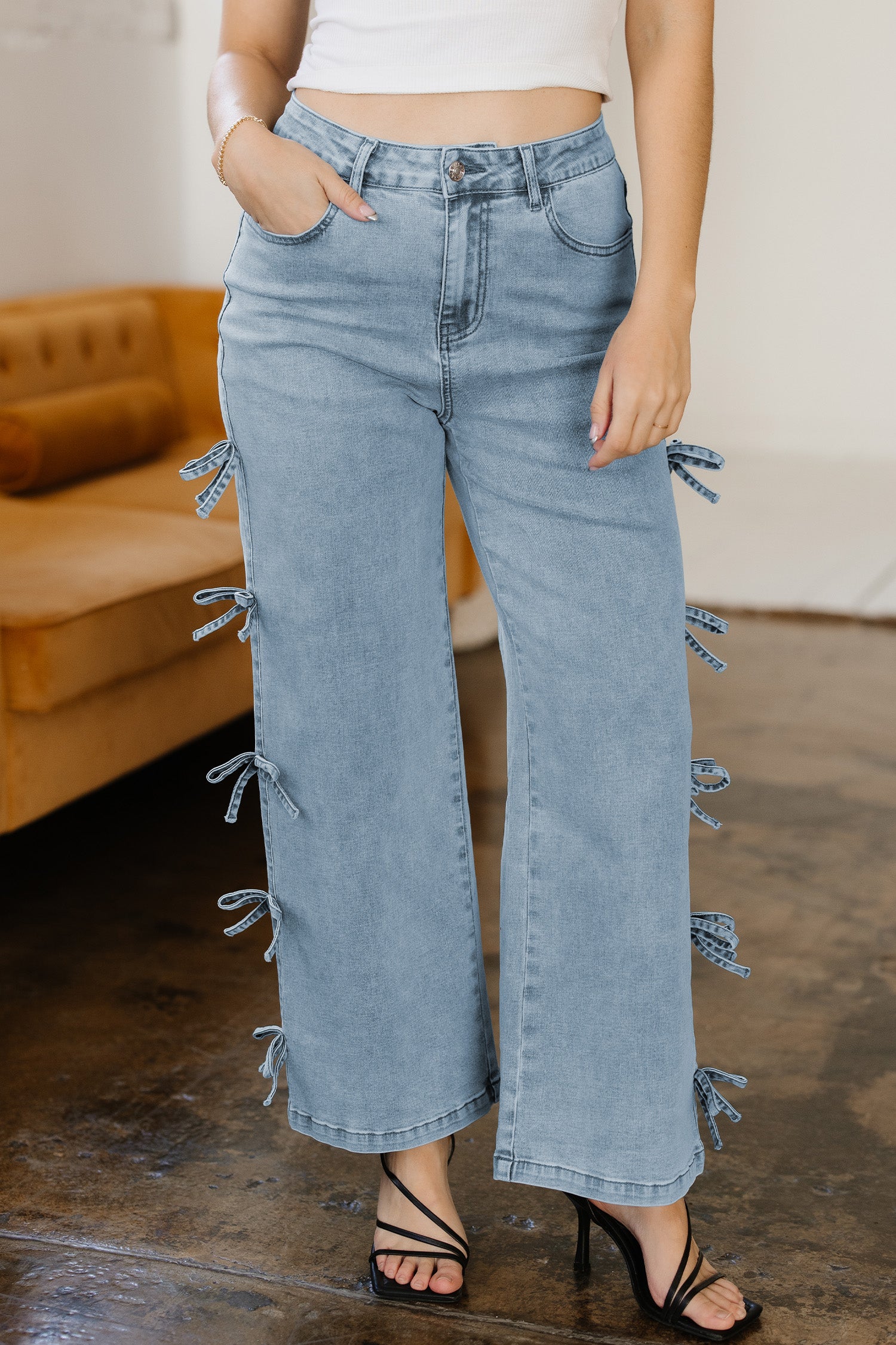 Hvid sløjfeknude sidedetalje Lige ben Løse jeans