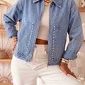 Beau Blue Studded Metal Zipper Rivet Pockets Long Sleeve Denim Jacket - Damesmode Afbeelding 1 - Foto 1