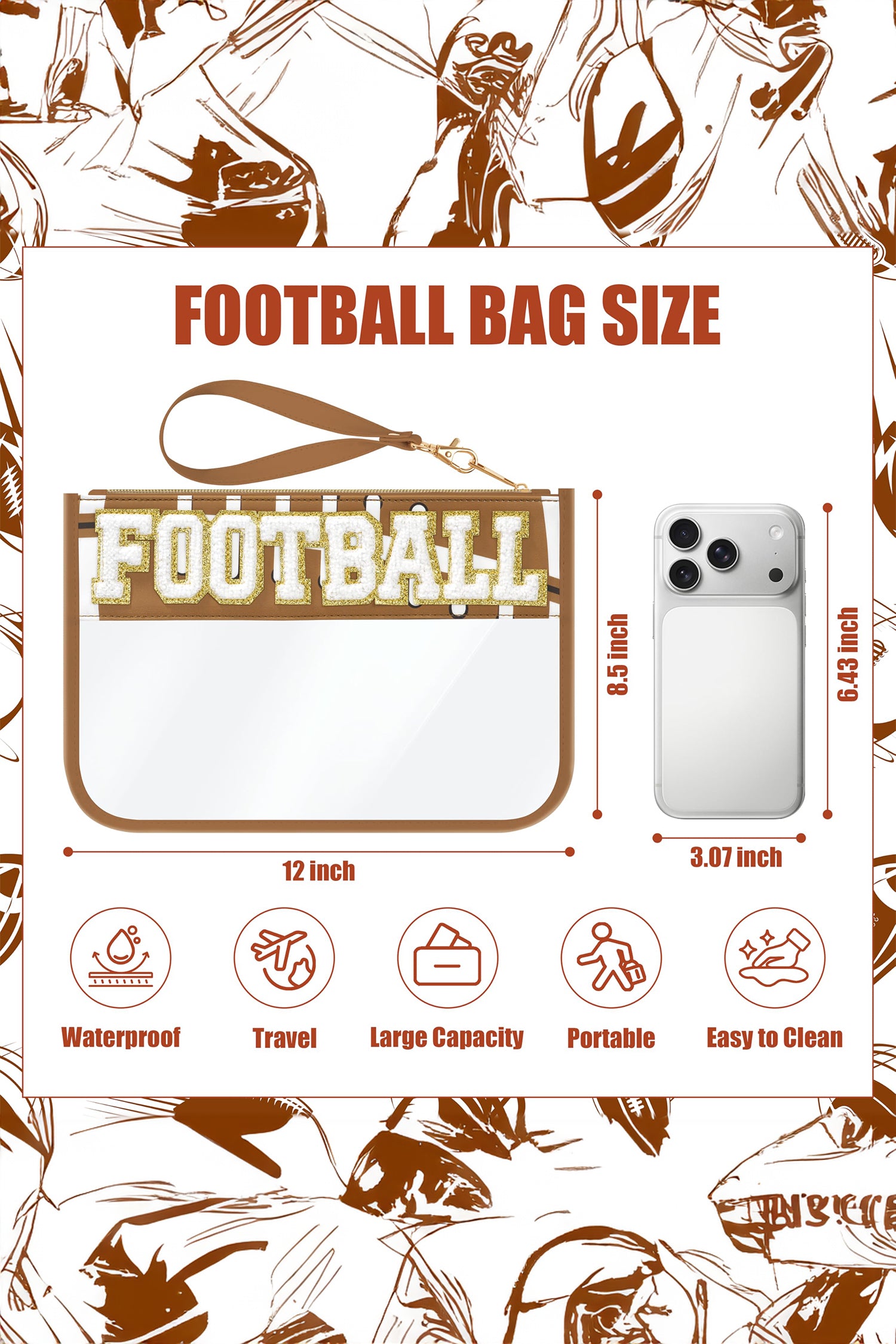 Brown BASEBALL  Chenille Letter Patch Game Day Stadium Clear PVC Cosmetic Bag - Damesmode Afbeelding 3