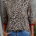 Brown Leopard Print Contrast Trim Round Neck Long Sleeve Top - Damesmode Afbeelding 3 - Foto 3