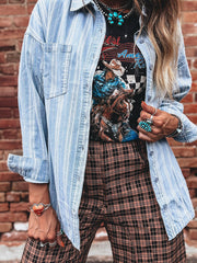 Tasca sul petto a righe azzurro cielo Boyfriend Classic Denim Shacket - Miniatuur