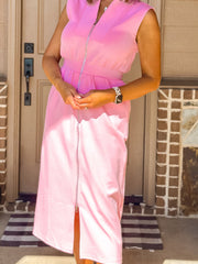 Pink V Neck Sleeveless Double Zip Shift Midi Dress - Miniatuur