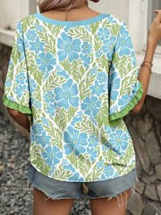 Rose Floral Print Ruffled Color Block Trim Half Sleeve Blouse - Miniatuur