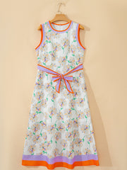 White Floral Print Color Block Trim Belted Sleeveless Maxi Dress - Miniatuur