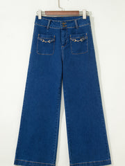 Sail Blue Hardware Decor Gepatchte Taschen Weit beinte Jeanshosen - Miniatuur