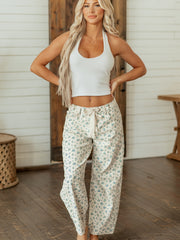 Beige Grommet Knot Waist Floral Barrel Leg Jeans - Damesmode Afbeelding 7 - Miniatuur