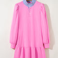 Rosa kontrastgestreiftes Kragen-Patchwork-Puffärmel-Rüschen-Minikleid - Foto 3