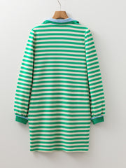 Green Striped Contrast Collar Split Neck Long Sleeve Mini Dress - Miniatuur