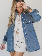 Chaqueta vaquera de manga larga estilo western, ajuste regular y remaches azul vela adornados - Miniatuur