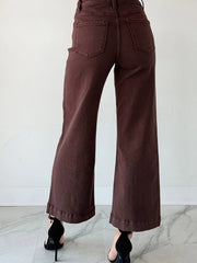 Red Sandalwood Solid Color Seamed Center Wide Leg Cropped Jeans - Miniatuur