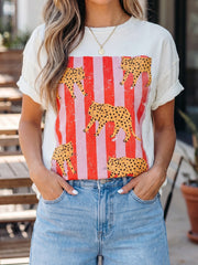 White Cheetah Striped Print Retro Fashion Graphic Tee - Miniatuur