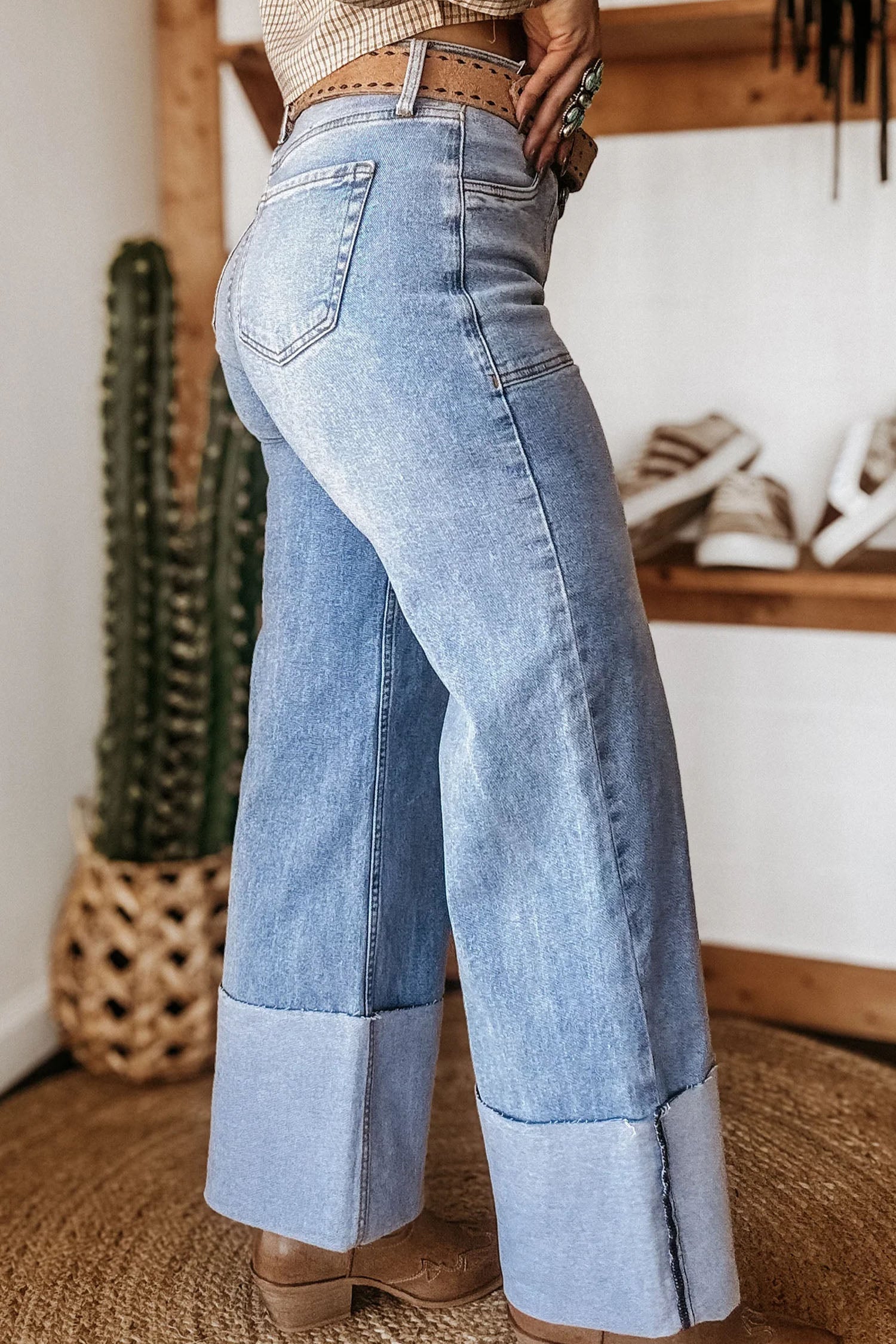 Beau Blue Turn-up Cuffs Womens Loose Jeans - Damesmode Afbeelding 3
