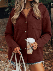 Red Sandalwood Ribbed Knit Buttons Front Flap Pocket Casual Shacket - Miniatuur