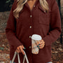 Red Sandalwood Ribbed Knit Buttons Front Flap Pocket Casual Shacket
