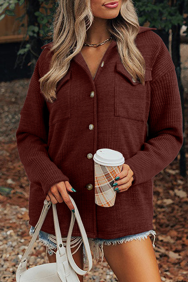 Rotes Sandelholz gerippte Strickknöpfe Vordere Klappentasche Casual Shacket - Damesmode