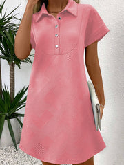 Peach Blossom Solid Color Textured Short Sleeve A Line Mini Dress - Miniatuur