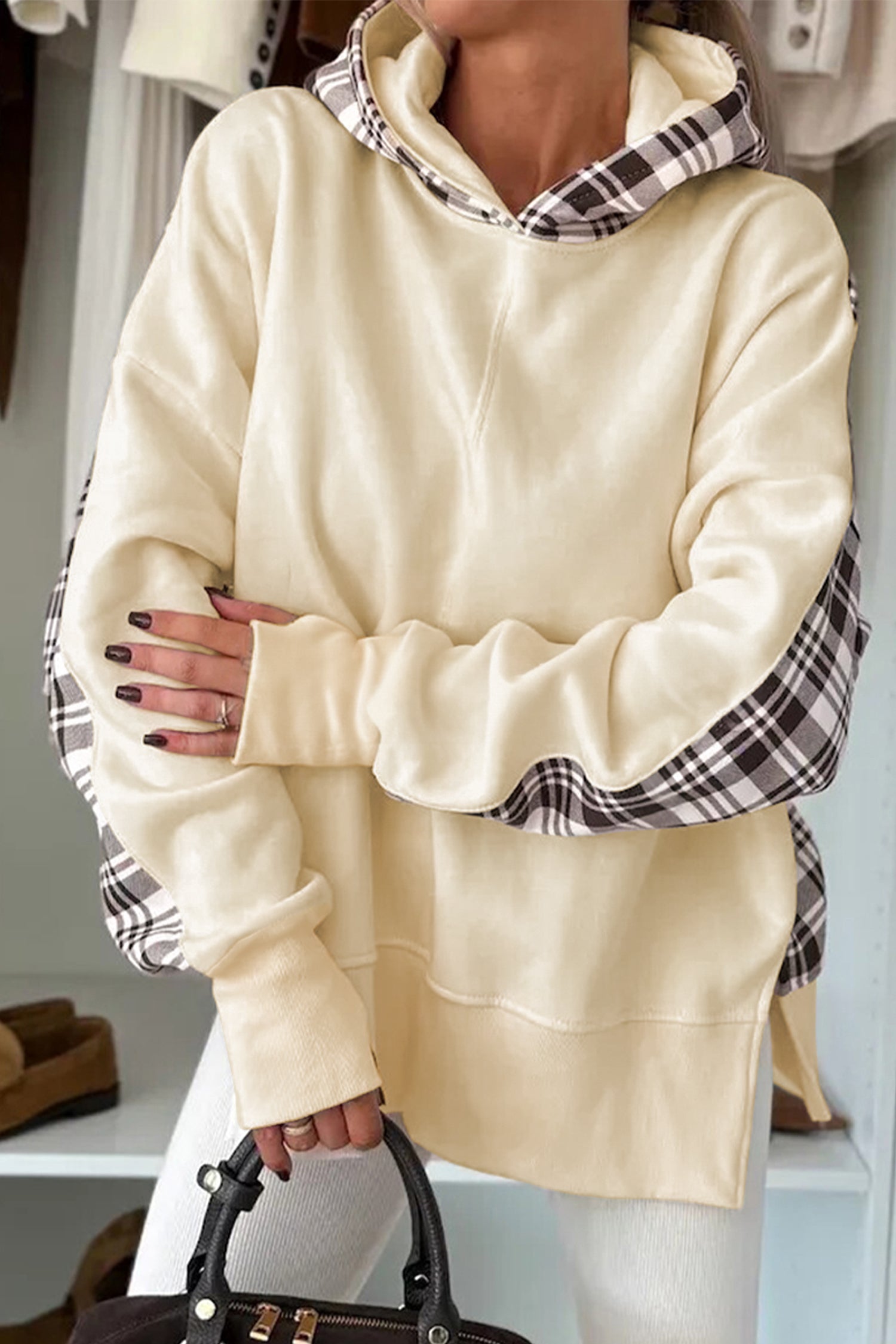 Chicory Coffee karierter Patchwork Hoodie mit seitlichem Schlitz