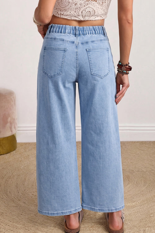 Beau Blue Solid Color Square Patch Pocket Ankle-length Barrel Jeans - Damesmode Afbeelding 2