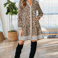 Brown Leopard Print Striped Patchwork 3/4 Sleeve Loose Mini Dress - Damesmode Afbeelding 6 - Foto 6