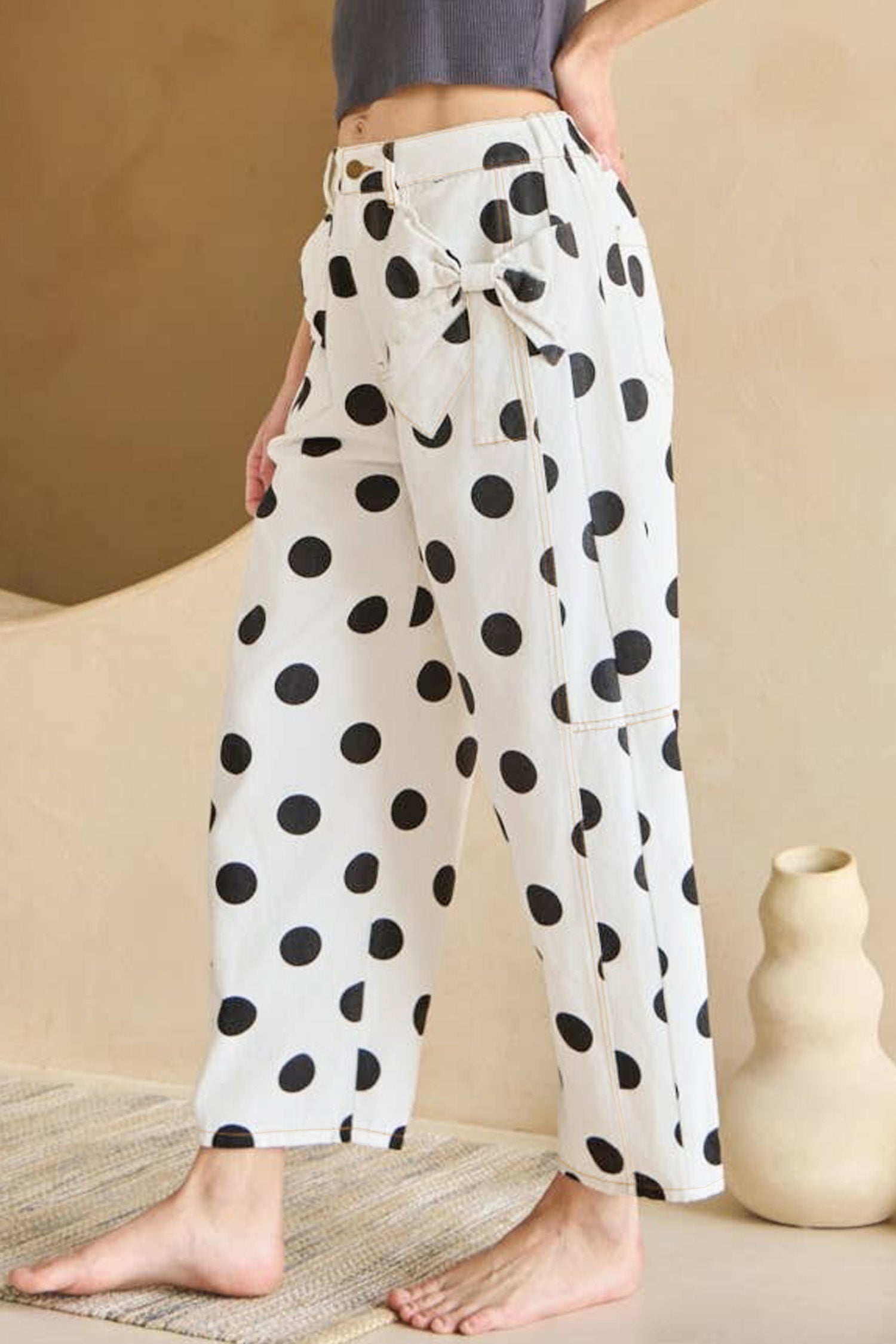 Jeans a fiocco con stampa a pois azzurro cielo con dettaglio a canna tasca