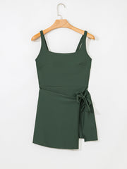 Mist Green Side Tied Waist Square Neck Adjustable Straps A-line One Piece Swim Dress - Miniatuur