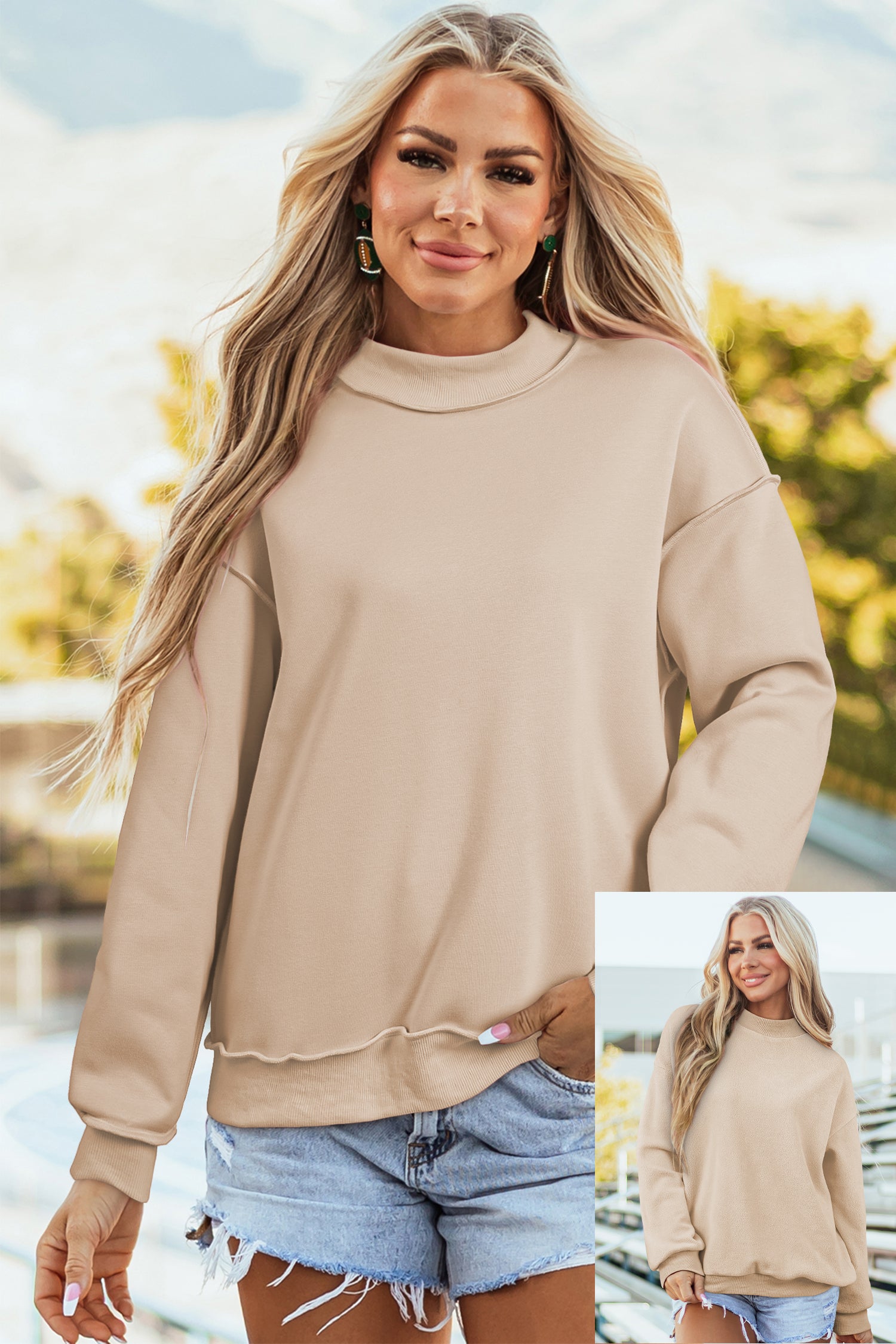 Sweat-shirt bleu foncé oversize, épaule tombante et réversible, col montant,