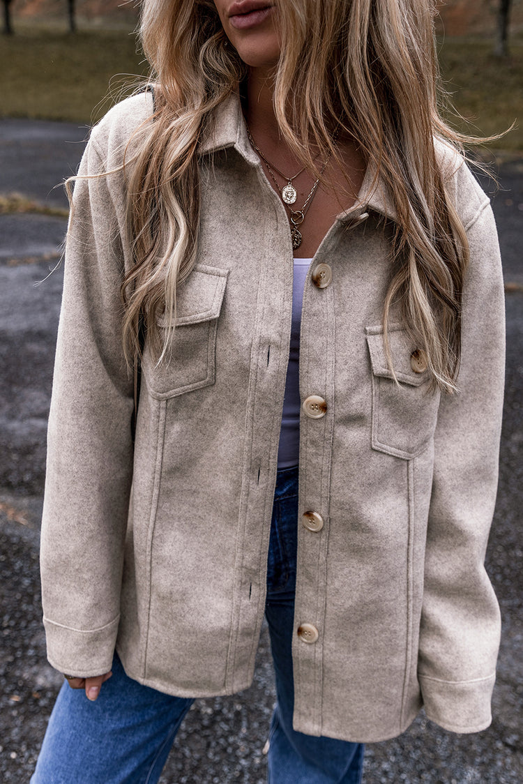 Light Grey Turn Down Collar Flap Pockets Buttoned Shacket - Damesmode