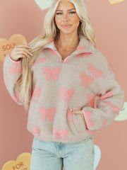 Sweat-shirt gris Sherpa à nœud nuit à fermeture éclair à épaules tombantes ample - Miniatuur