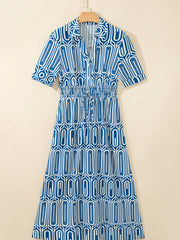 Blau geometrisch bedrucktes Kurzärmel-Kordel-Hemdkragenkleid – Damesmode Afbeelding 7 - Miniatuur
