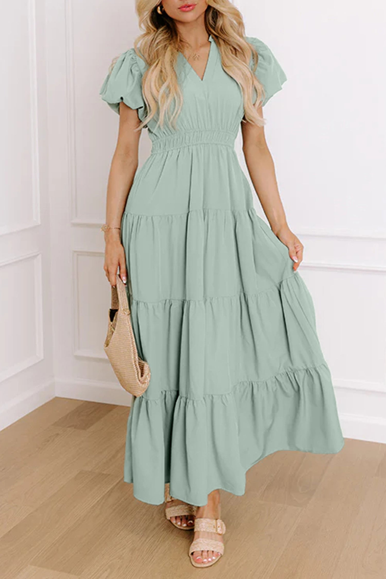 Bright Green Solid Color V Neck Short Puff Sleeve High Waist Tiered Maxi Dress - Damesmode Afbeelding 7