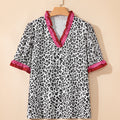 Pink Stripe Ruffled Trim V Neck Leopard Print Short Sleeve Blouse - Foto 6