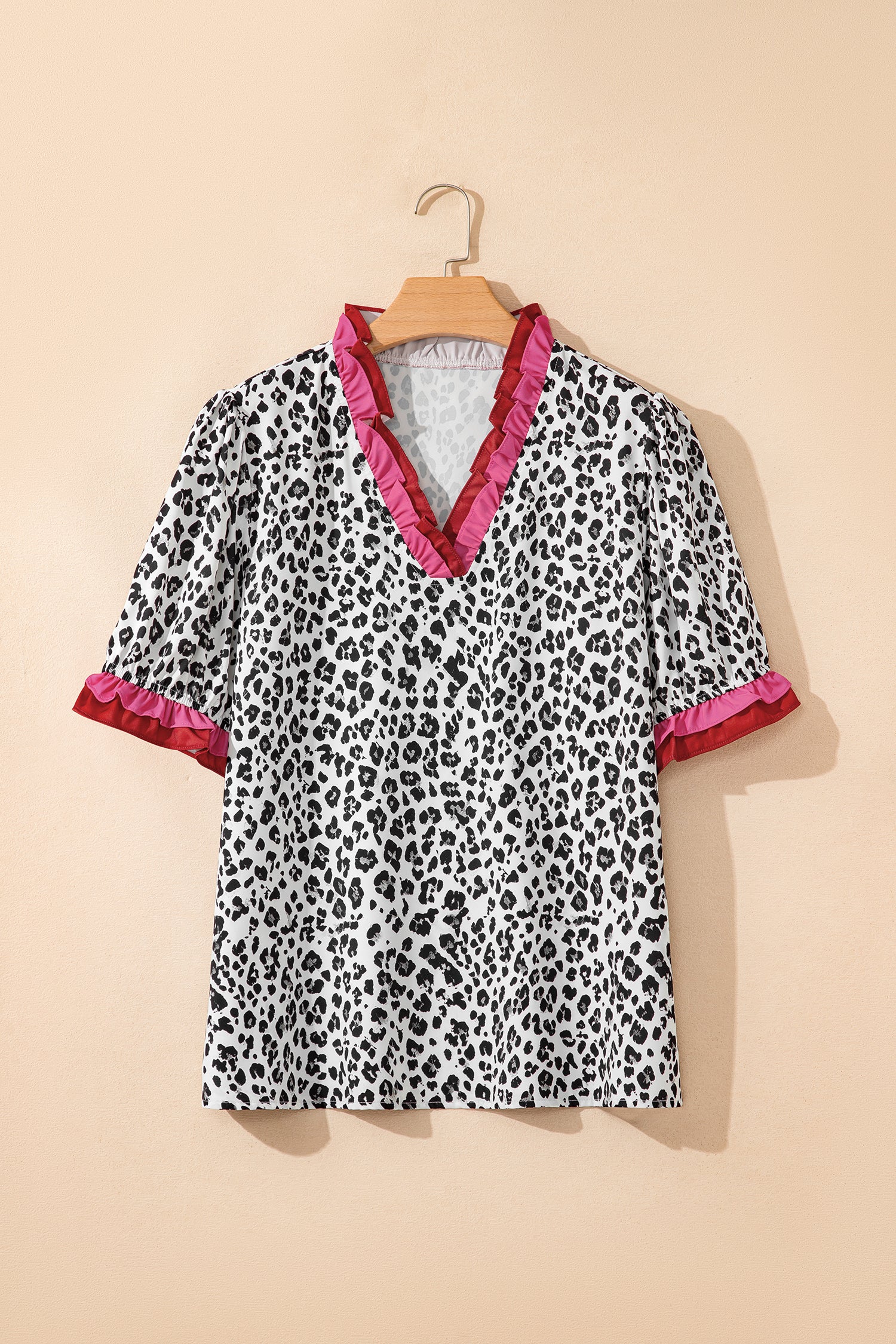 Pink Stripe Ruffled Trim V Neck Leopard Print Short Sleeve Blouse